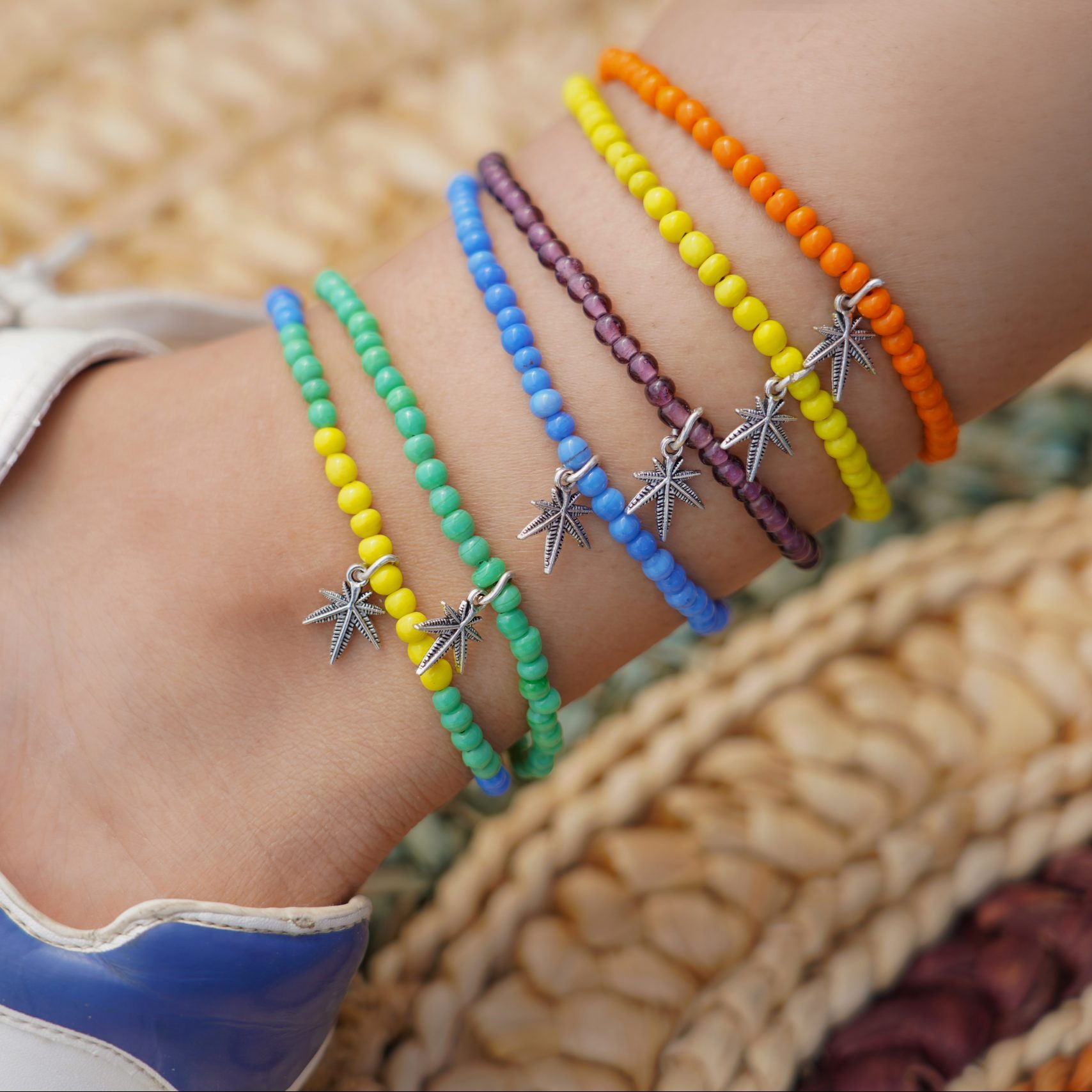 Silver Palm Beaded Anklets